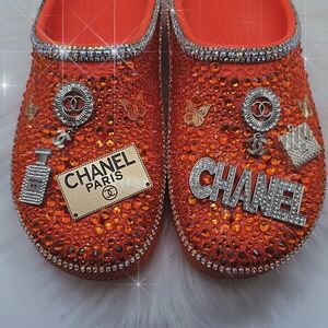 Orange Rhinestone Embellished Clogs